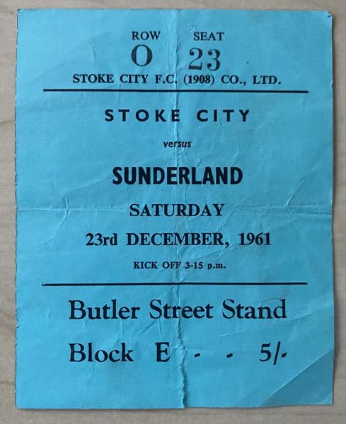 1961/62 ORIGINAL DIVISION TWO TICKET STOKE CITY V SUNDERLAND