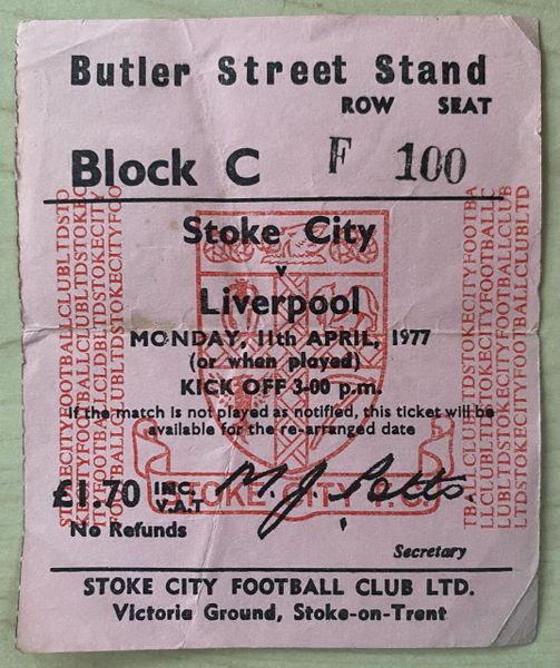 1976/77 ORIGINAL DIVISION ONE TICKET STOKE CITY V LIVERPOOL