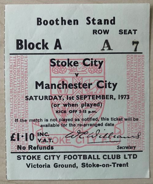 1973/74 ORIGINAL DIVISION ONE TICKET STOKE CITY V MANCHESTER CITY