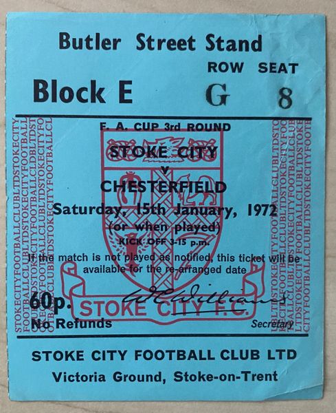 1971/72 ORIGINAL FA CUP 3RD ROUND TICKET STOKE CITY V CHESTERFIELD