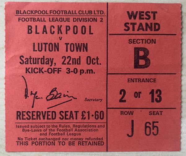 1977/78 ORIGINAL DIVISION TWO TICKET BLACKPOOL V LUTON TOWN