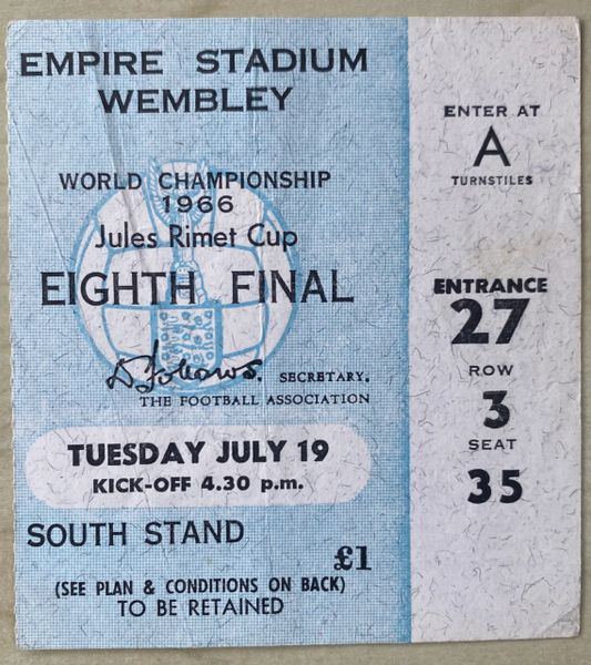 1966 ORIGINAL WORLD CUP 1st ROUND TICKET URUGUAY V MEXICO @ WEMBLEY A27 3 35