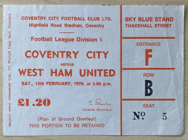 1975/76 ORIGINAL DIVISION ONE TICKET COVENTRY CITY V WEST HAM UNITED