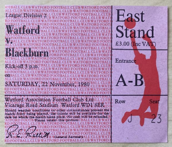 1980/81 ORIGINAL DIVISION TWO TICKET WATFORD V BLACKBURN ROVERS