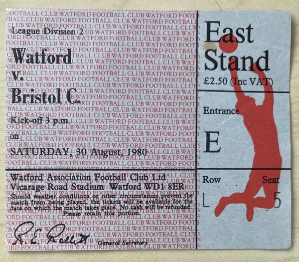 1980/81 ORIGINAL DIVISION TWO TICKET WATFORD V BRISTOL CITY