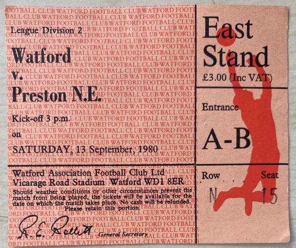 1980/81 ORIGINAL DIVISION TWO TICKET WATFORD V PRESTON NORTH END