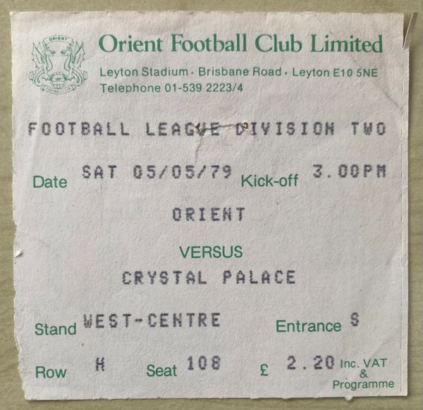 1978/79 ORIGINAL DIVISION TWO TICKET ORIENT V CRYSTAL PALACE