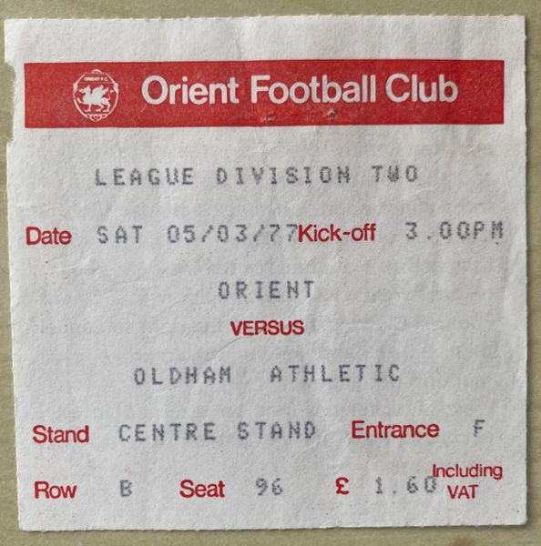 1976/77 ORIGINAL DIVISION TWO TICKET ORIENT V OLDHAM ATHLETIC