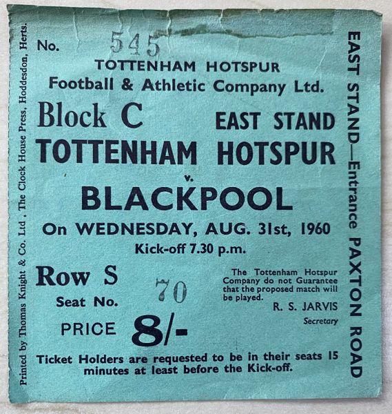 1960/61 ORIGINAL DIVISION ONE TICKET TOTTENHAM HOTSPUR V BLACKPOOL