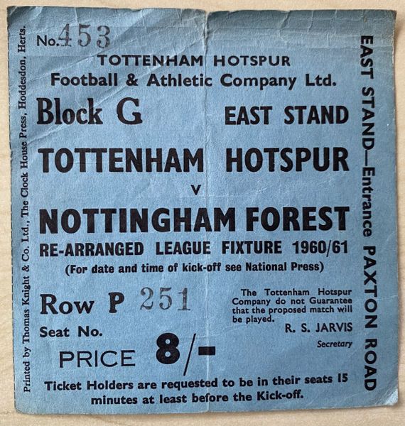 1960/61 ORIGINAL DIVISION ONE TICKET TOTTENHAM HOTSPUR V NOTTINGHAM FOREST