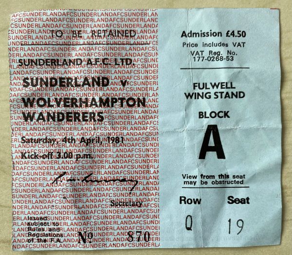 1980/81 ORIGINAL DIVISION ONE TICKET SUNDERLAND V WOLVERHAMPTON WANDERERS