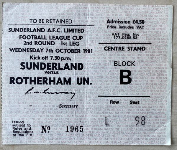 1981/82 ORIGINAL LEAGUE CUP 2ND ROUND 1ST LEG TICKET SUNDERLAND V ROTHERHAM UNITED