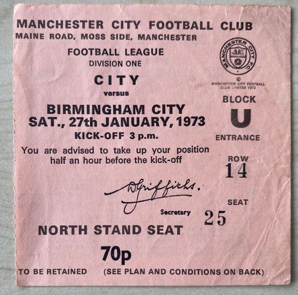 1972/73 ORIGINAL DIVISION ONE TICKET MANCHESTER CITY V BIRMINGHAM CITY