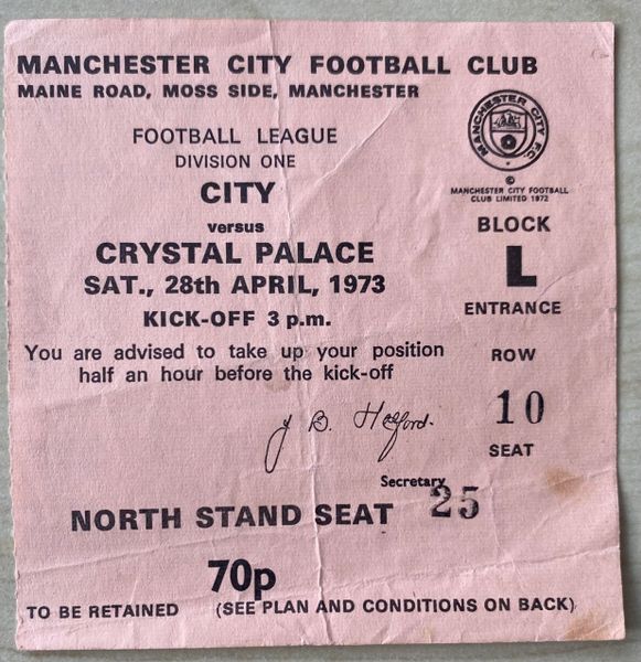 1972/73 ORIGINAL DIVISION ONE TICKET MANCHESTER CITY V CRYSTAL PALACE
