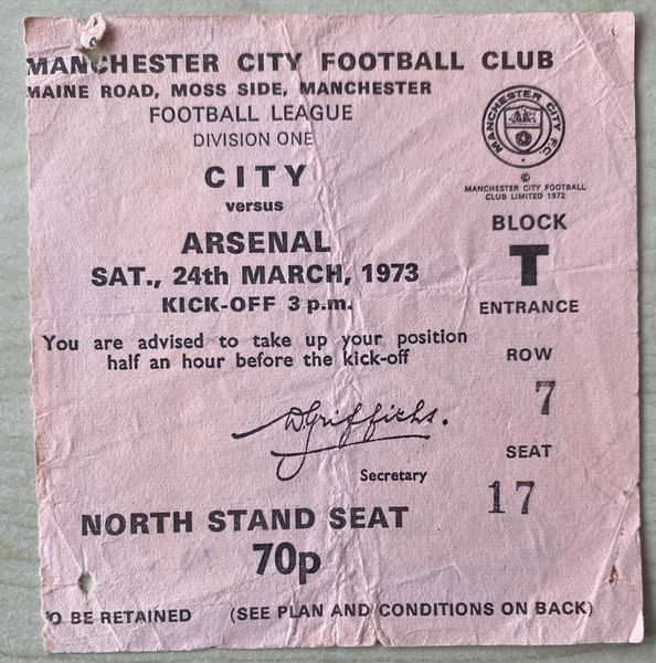 1972/73 ORIGINAL DIVISION ONE TICKET MANCHESTER CITY V ARSENAL