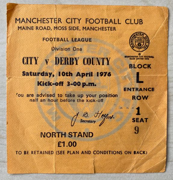 1975/76 ORIGINAL DIVISION ONE TICKET MANCHESTER CITY V DERBY COUNTY