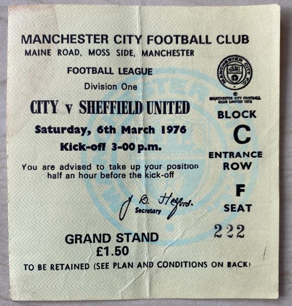 1975/76 ORIGINAL DIVISION ONE TICKET MANCHESTER CITY V SHEFFIELD UNITED