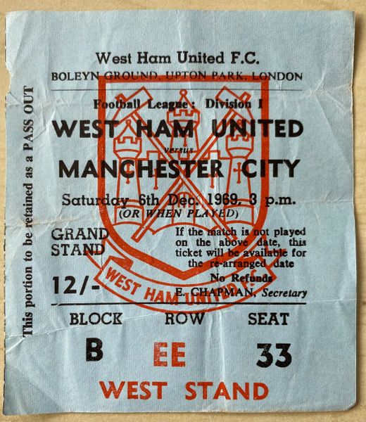 1968/69 ORIGINAL DIVISION ONE TICKET WEST HAM UNITED V MANCHESTER CITY