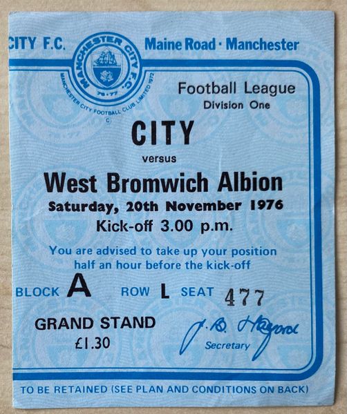 1976/77 ORIGINAL DIVISION ONE TICKET MANCHESTER CITY V WEST BROMWICH ALBION