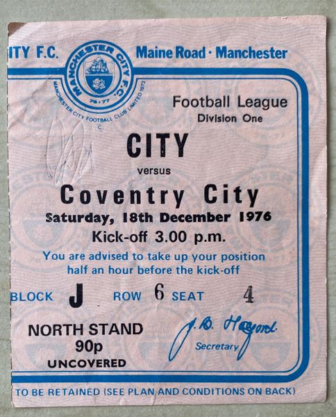 1976/77 ORIGINAL DIVISION ONE TICKET MANCHESTER CITY V COVENTRY CITY