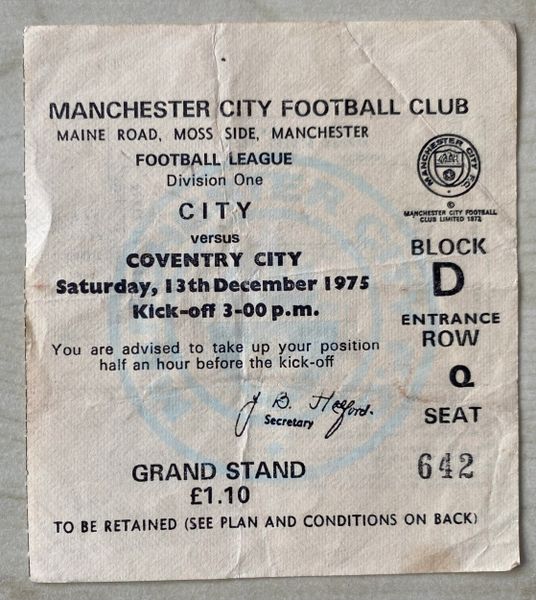 1975/76 ORIGINAL DIVISION ONE TICKET MANCHESTER CITY V COVENTRY CITY