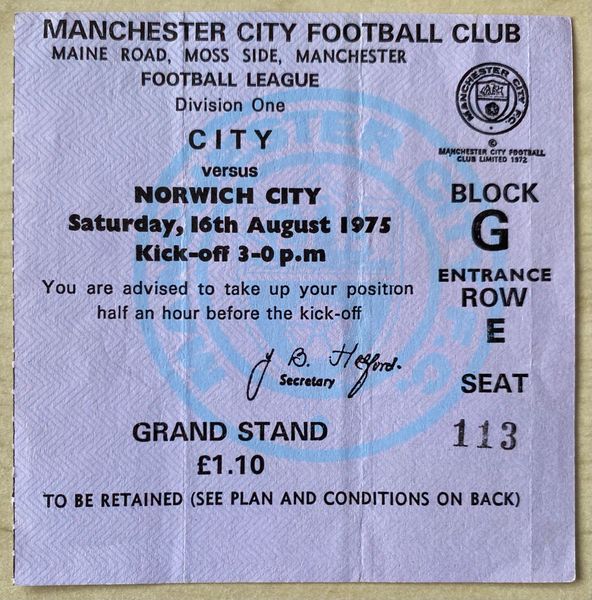 1975/76 ORIGINAL DIVISION ONE TICKET MANCHESTER CITY V NORWICH CITY