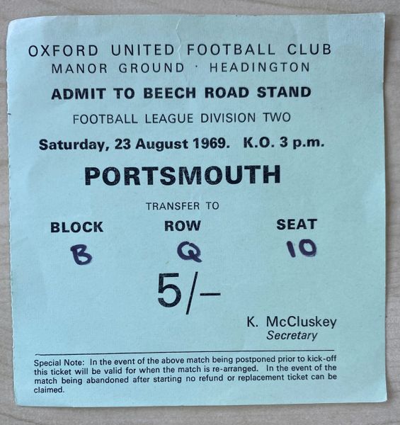 1969/70 ORIGINAL DIVISION TWO TICKET OXFORD UNITED V PORTSMOUTH