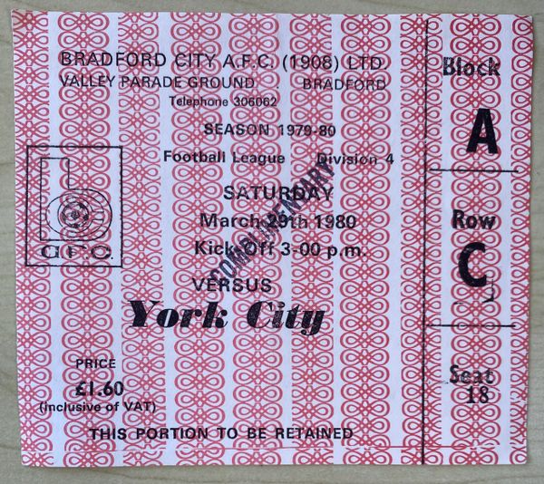 1979/80 ORIGINAL DIVISION THREE TICKET BRADFORD CITY V YORK CITY