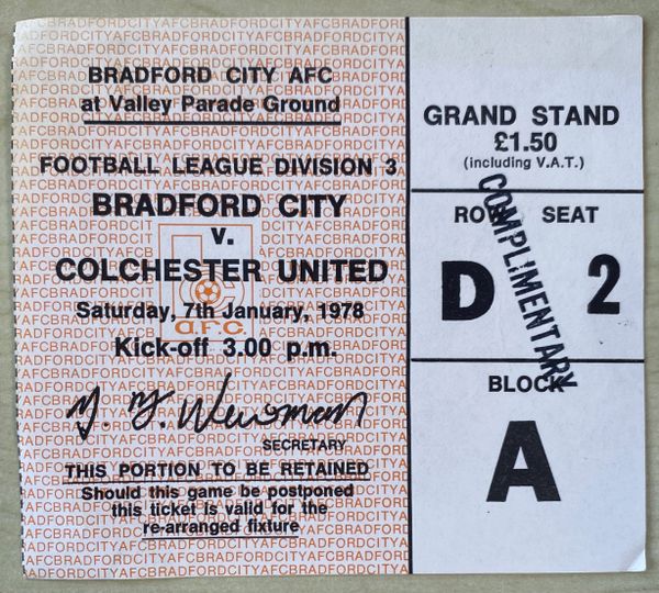 1977/78 ORIGINAL DIVISION THREE TICKET BRADFORD CITY V COLCHESTER UNITED