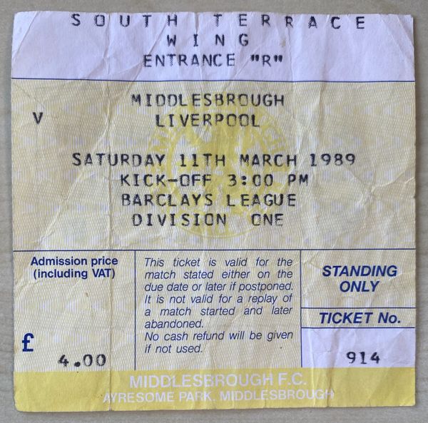 1988/89 ORIGINAL DIVISION ONE TICKET MIDDLESBROUGH V LIVERPOOL