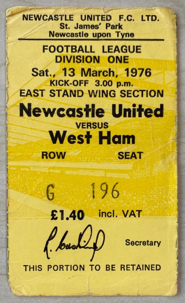 1975/76 ORIGINAL DIVISION ONE TICKET NEWCASTLE UNITED V WEST HAM UNITED