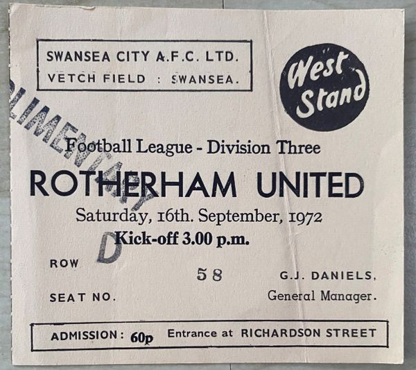 1972/73 ORIGINAL DIVISION THREE TICKET SWANSEA CITY V ROTHERHAM UNITED