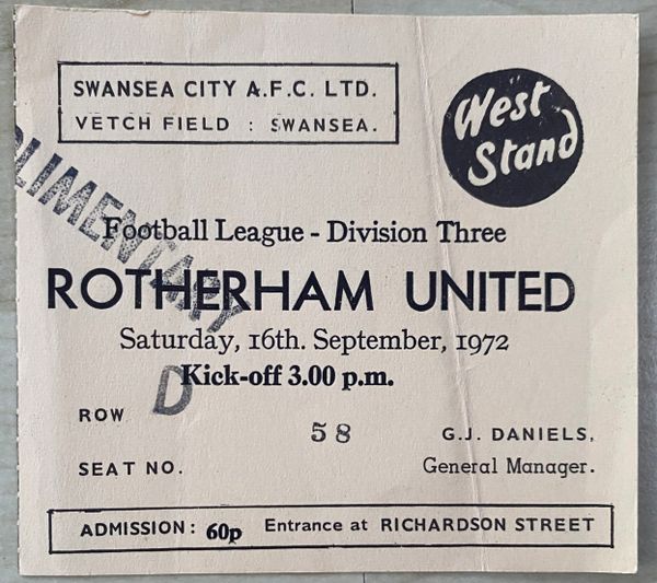 1972/73 ORIGINAL DIVISION THREE TICKET SWANSEA CITY V ROTHERHAM UNITED