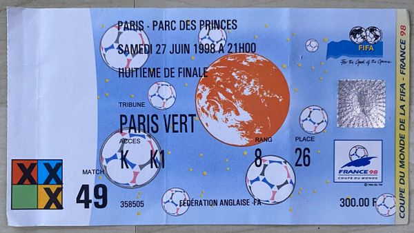 1998 ORIGINAL WORLD CUP 2nd ROUND TICKET CHILE V BRAZIL @ PARC DE PRINCES PARIS
