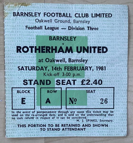 1980/81 ORIGINAL DIVISION THREE TICKET BARNSLEY V ROTHERHAM UNITED