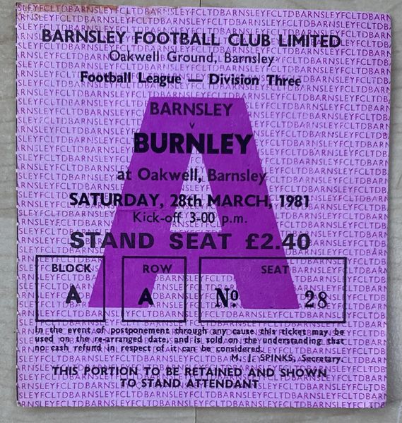 1980/81 ORIGINAL DIVISION THREE TICKET BARNSLEY V BURNLEY