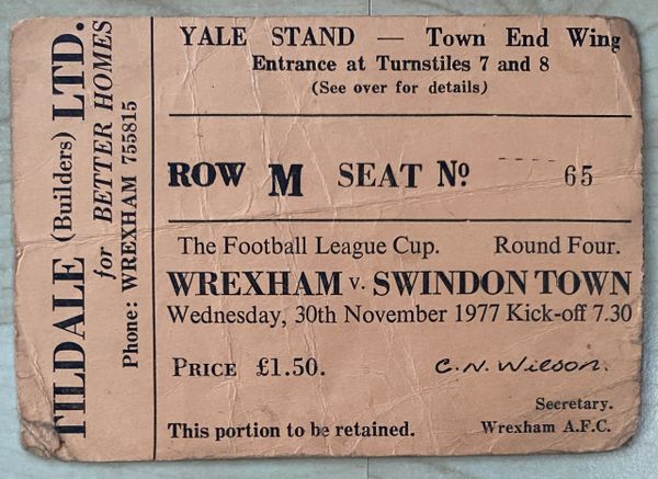 1977/78 ORIGINAL LEAGUE CUP 4th ROUND TICKET WREXHAM V SWINDON TOWN