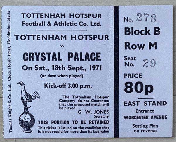 1971/72 ORIGINAL DIVISION ONE TICKET TOTTENHAM HOTSPUR V CRYSTAL PALACE