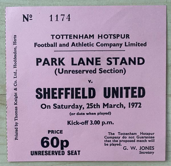 1971/72 ORIGINAL DIVISION ONE TICKET TOTTENHAM HOTSPUR V SHEFFIELD UNITED