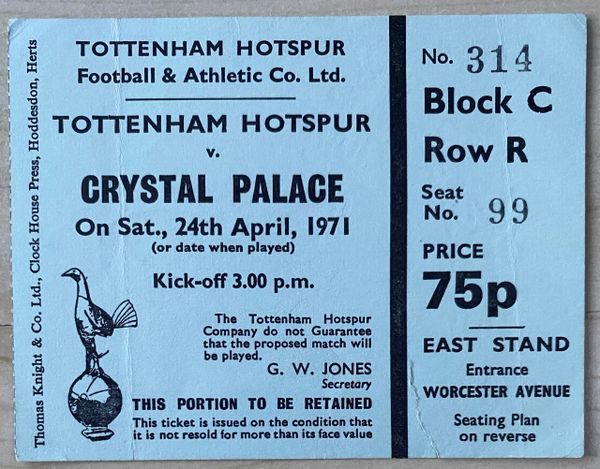 1970/71 ORIGINAL DIVISION ONE TICKET TOTTENHAM HOTSPUR V CRYSTAL PALACE