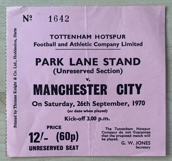 1970/71 ORIGINAL DIVISION ONE TICKET TOTTENHAM HOTSPUR V MANCHESTER CITY