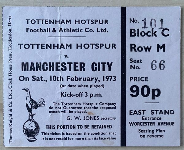 1972/73 ORIGINAL DIVISION ONE TICKET TOTTENHAM HOTSPUR V MANCHESTER CITY