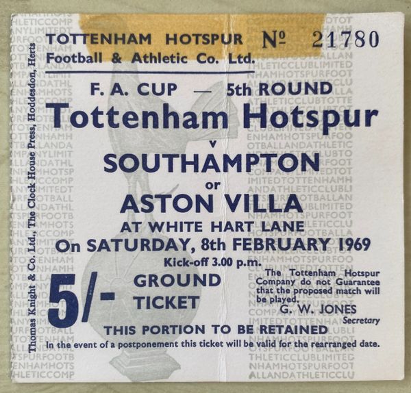 1968/69 ORIGINAL FA CUP 5TH ROUND TICKET TOTTENHAM HOTSPUR V ASTON VILLA 21780