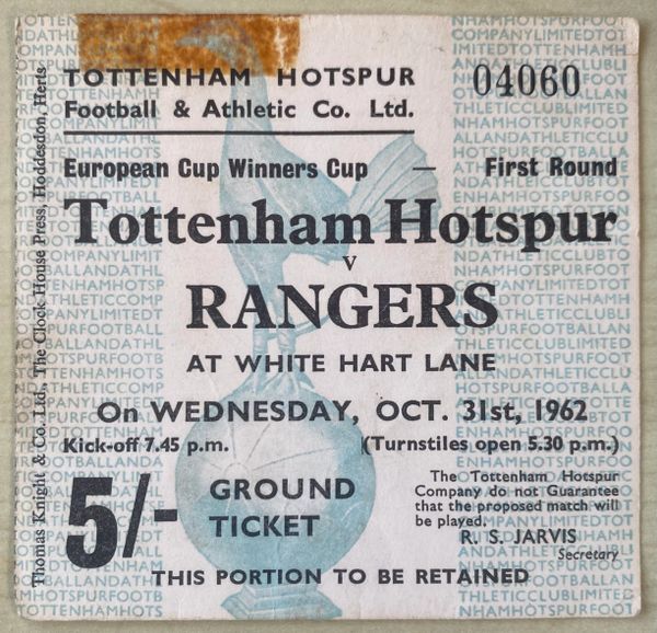 1962/63 ORIGINAL EUROPEAN CUP WINNERS CUP 1ST ROUND 1ST LEG TICKET TOTTENHAM HOTSPUR V GLASGOW RANGERS 04060