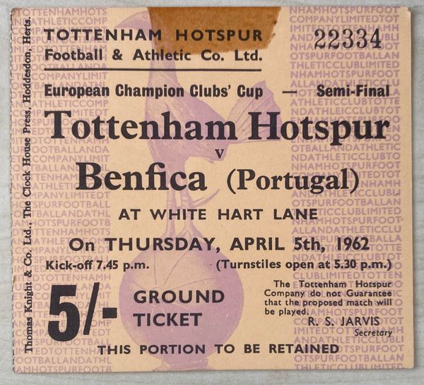 1961/62 ORIGINAL EUROPEAN CUP SEMI FINAL TICKET TOTTENHAM HOTSPUR V BENFICA 22334