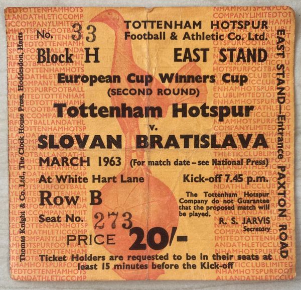 1962/63 ORIGINAL EUROPEAN CUP WINNERS CUP 2ND ROUND 2ND LEG TICKET TOTTENHAM HOTSPUR V SLOVAN BRATISLAVA