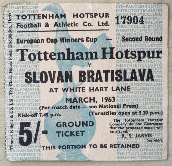 1962/63 ORIGINAL EUROPEAN CUP WINNERS CUP 2ND ROUND 2ND LEG TICKET TOTTENHAM HOTSPUR V SLOVAN BRATISLAVA 17904