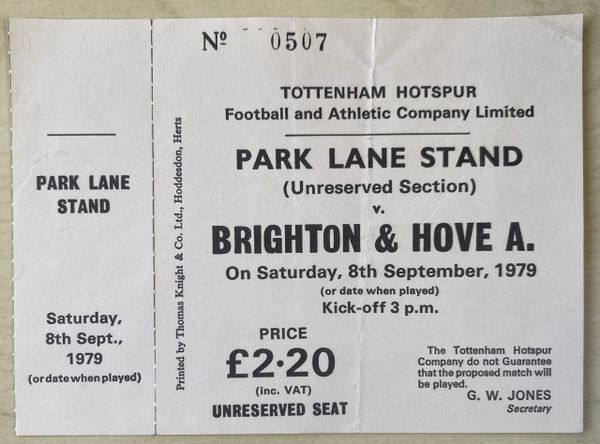 1979/80 ORIGINAL DIVISION ONE UNUSED TICKET TOTTENHAM HOTSPUR V BRIGHTON AND HOVE ALBION