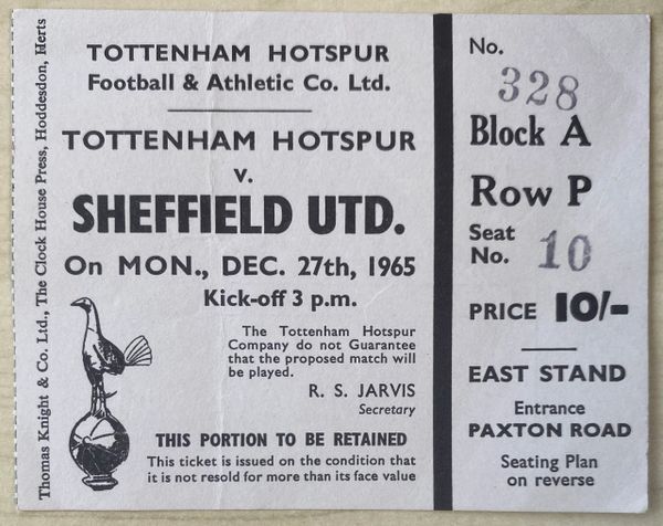 1965/66 ORIGINAL DIVISION ONE TICKET TOTTENHAM HOTSPUR V SHEFFIELD UNITED