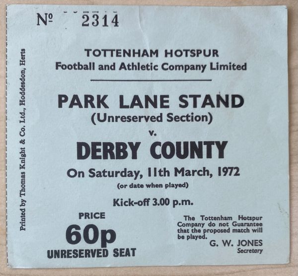 1971/72 ORIGINAL DIVISION ONE TICKET TOTTENHAM HOTSPUR V DERBY COUNTY